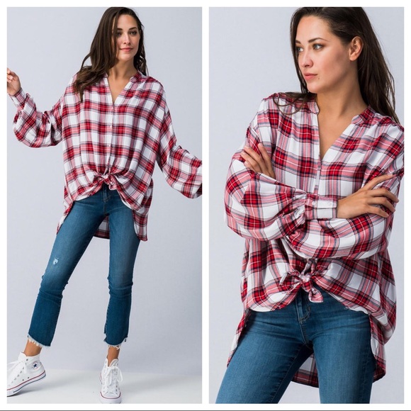 LAST SALE‼️ Plaid Tie Front Blouse - Picture 3 of 5